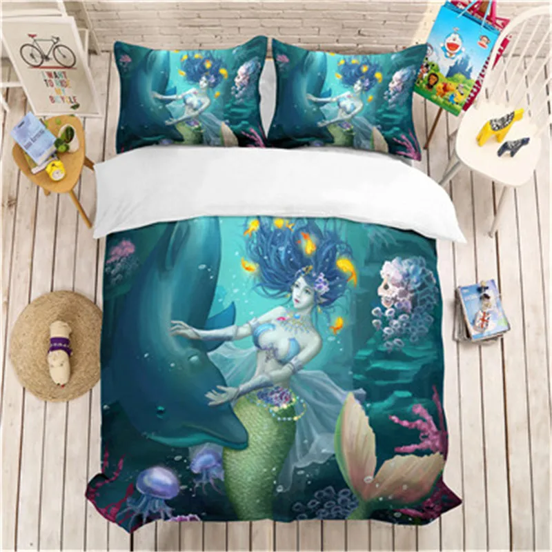 

MUSOLEI 3D Duvet Cover Set mermaid play with dolphins.Soft Bed Bedding Set Twin Queen King Size