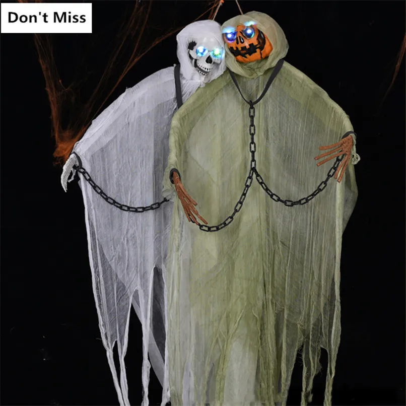 

Halloween 2m Hanging Ghost Large Skull Pumpink Ghost Glowing Props Horror Chian Demon Halloween Party Decoration Haunted House