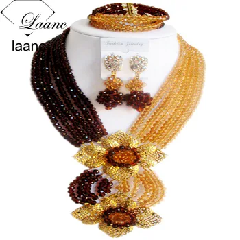 

Laanc Fashion Brown Champange Gold Nigerian Wedding African Beads Jewelry Set Crystal C6CHLK025