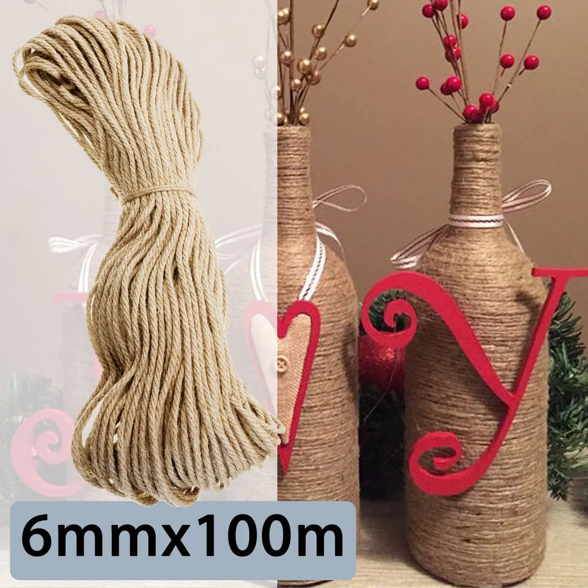 

KIWARM 6mmx100m Sisal Ropes Jute Twine Rope Natural Hemp Cord Decor Cat Pet Scratching Home Art Decor