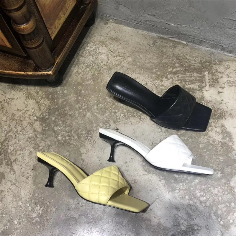 

Thin Heels PU Shallow Square Toe Ladies Flip Flops Woman Shoes Luxury Slides Med Heeled Mules Flip-flops Designer Slipper High