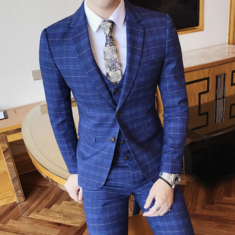 

Aisan size 2019 New Men's Single-breasted Fashion Groom plaid suit 3piece set Male Formal Business Casual Suits