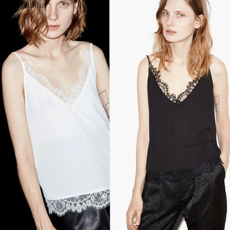 Cena AreMoMuWha koronkowy dekolt w serek z sztucznego jedwabiu satynowa koszulka krótkie nosić jesienią i zimą wziąć kobiety luźny dół ShirtQX488