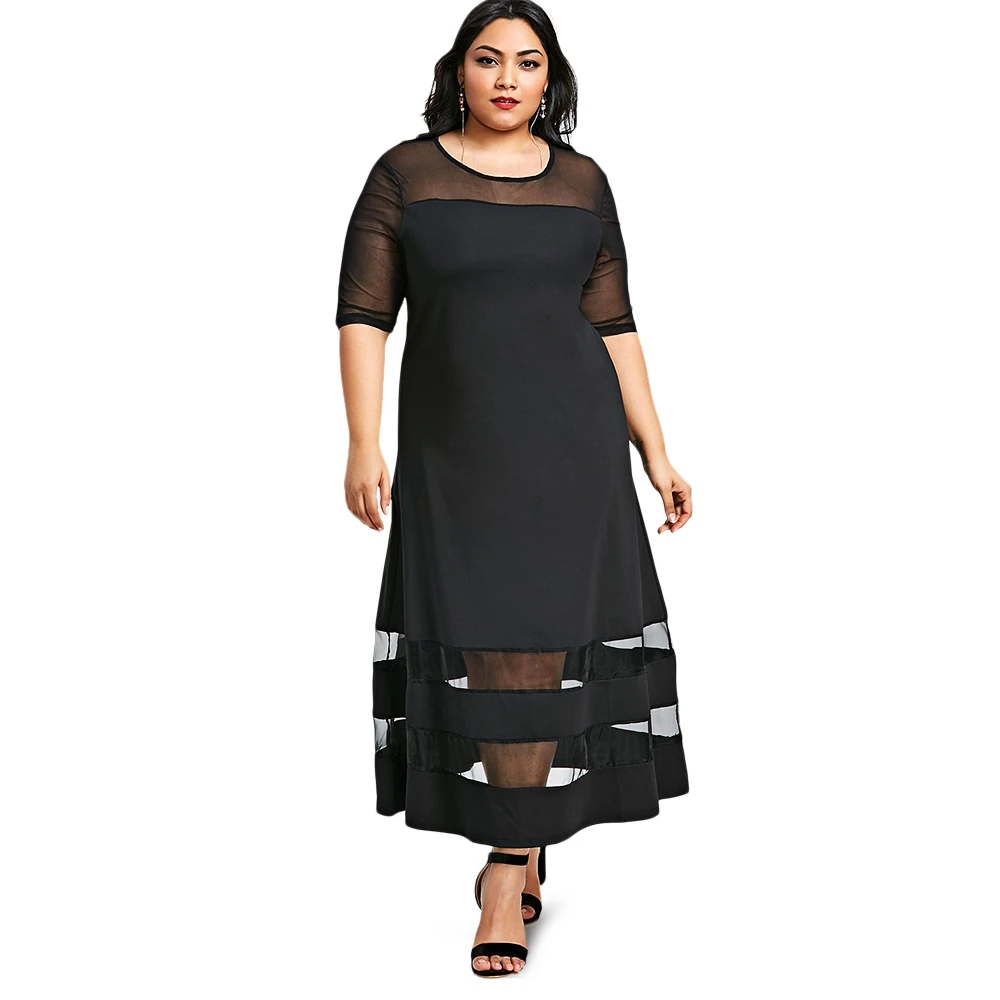 7XL Plus Size Half Sleeve Mesh Panel Maxi Dress Women Solid Black Ankle