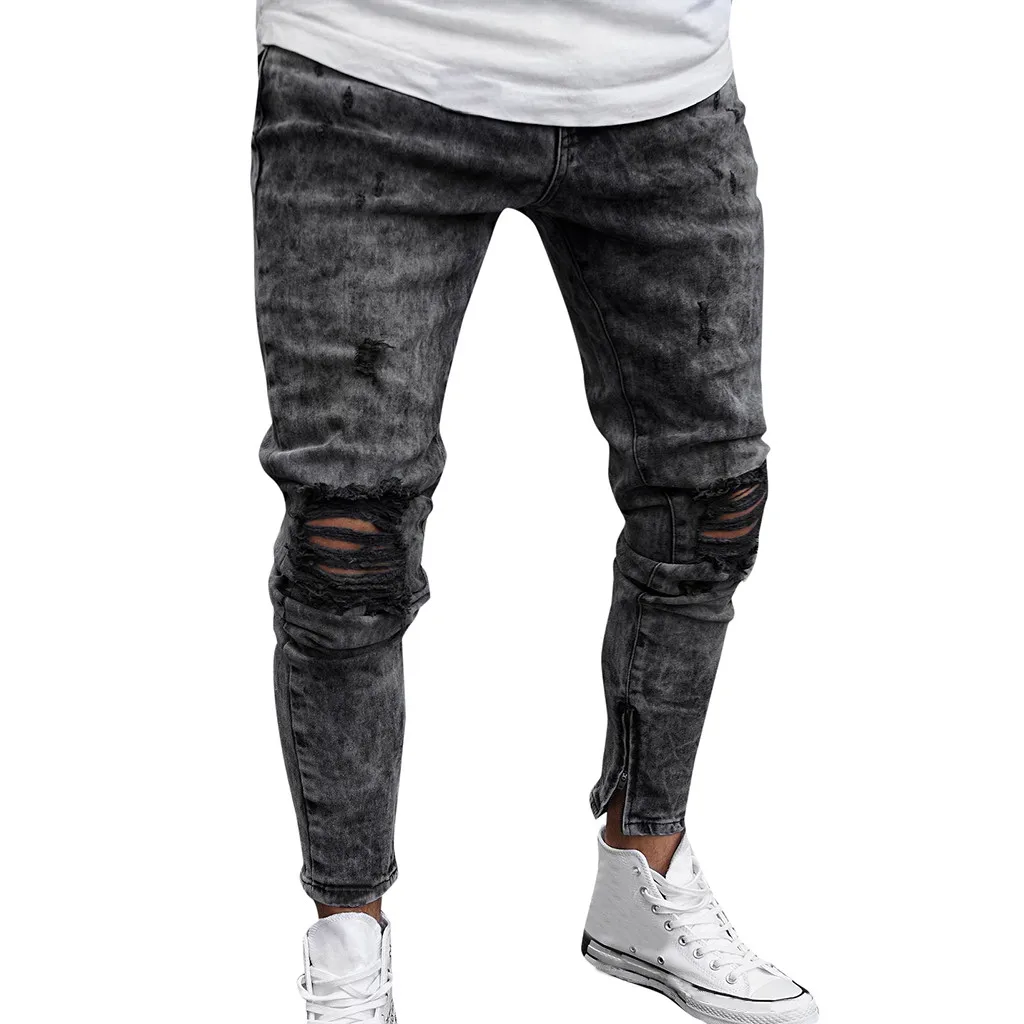 feitong Cotton Jeans Men Spring 2019 MenClothes Denim Pants Distressed Freyed Slim Fit Casual Trousers Stretch Ripped Jeans