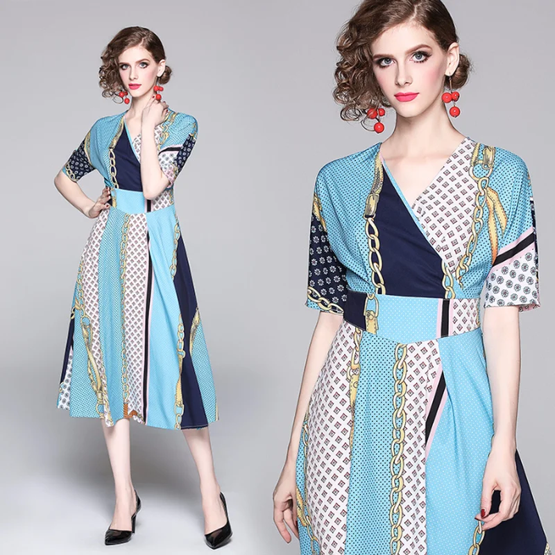 

Stylish Women Celebrity Party Dress Runway Multicolor Printing V-Neck Shirt Dress Female Short Sleeve Office Tunic Dress