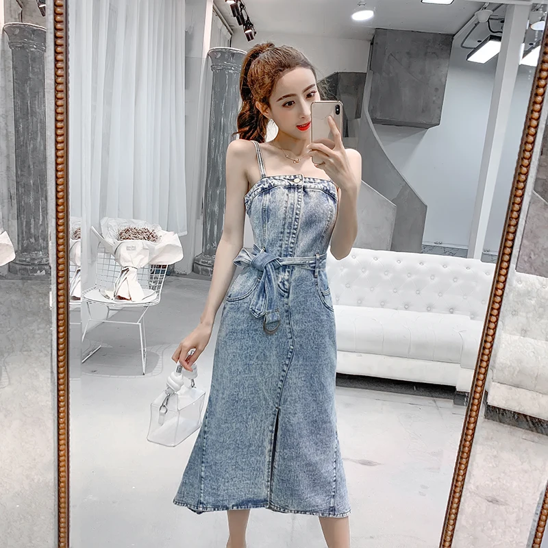 Summer Spaghetti Strap Denim Dress Women 2019 Tide Sleeveless Jeans dress Long Sundress Streetwear Irregular Slit Dresses Belted