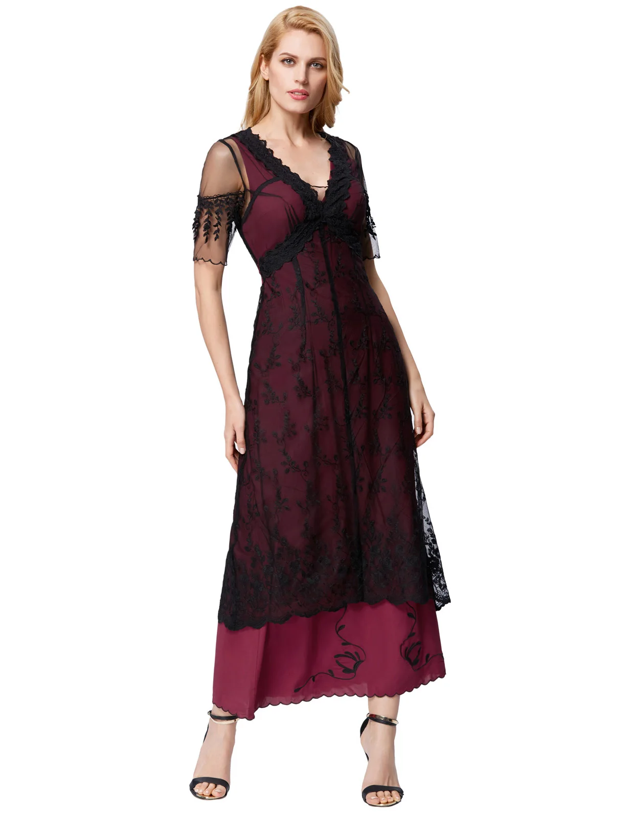 

Belle Poque Sexy Women's Maxi Dresses Retro Vintage Gothic Victorian Style Half Sleeve V-Neck Floral Lace Dress