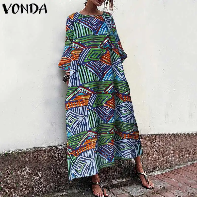 Летнее винтажное платье с принтом VONDA, женское сексуальное Повседневное платье макси с круглым вырезом и коротким рукавом, свободные вечерние платья, женский халат, большие размеры