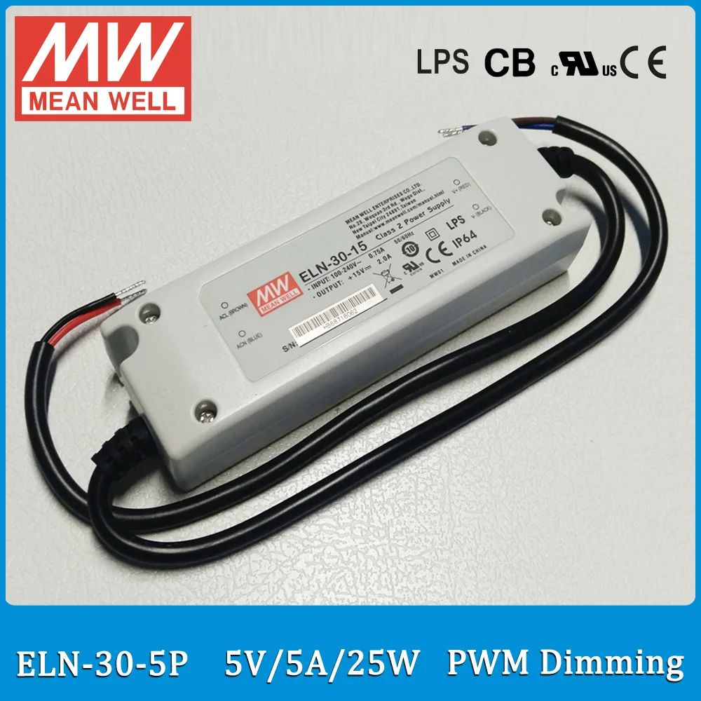 

Original Meanwell ELN-30-5P PWM dimming led driver 25W 5A 5V IP64 waterproof LED power supply