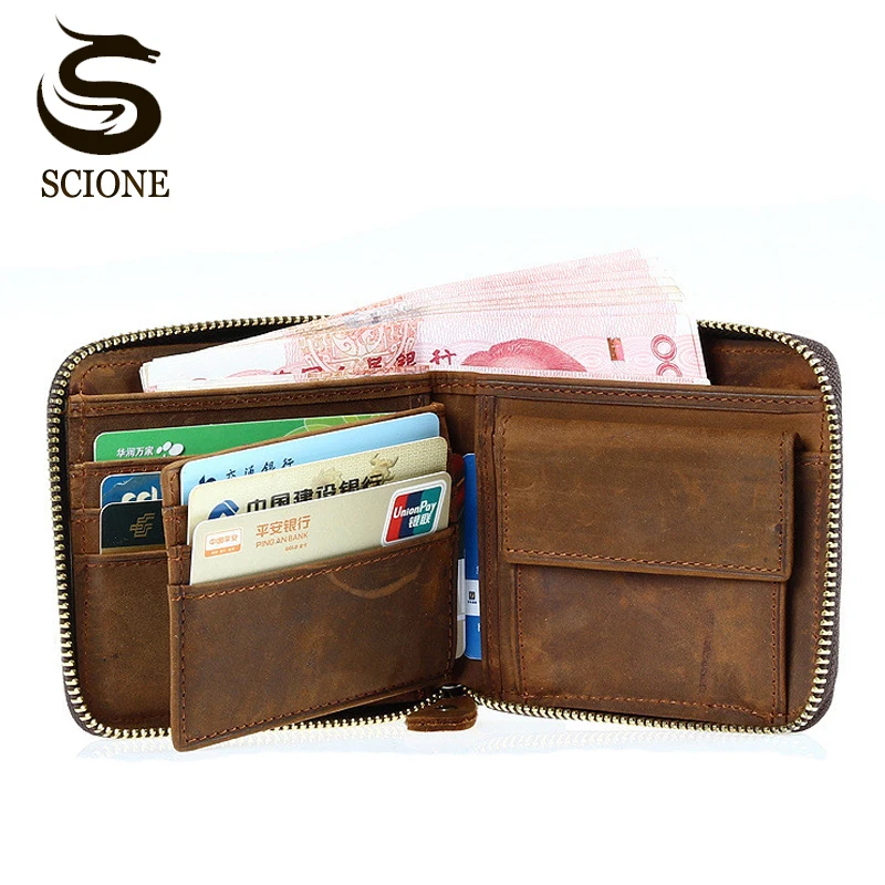 

Mens Zipper Wallet Genuine Crazy Horse Leather Mens Purse Clutch Top Grade Cowhide Short Coin Purses Wallets Small Mini carteira