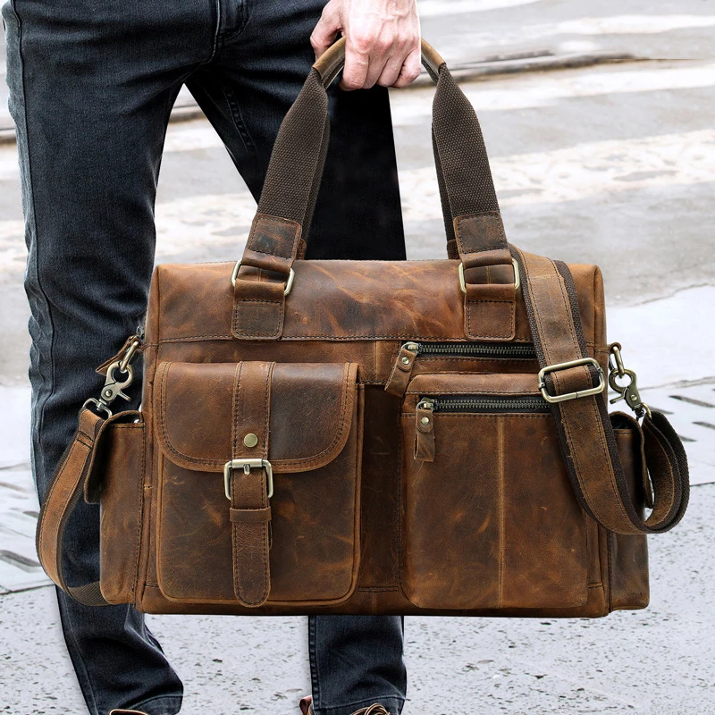 

37cm*26cm*11cm 2019 Men Luxury Vintage Handbag Travel Large Capacity Laptop Genuine Leather Shoulder Bag