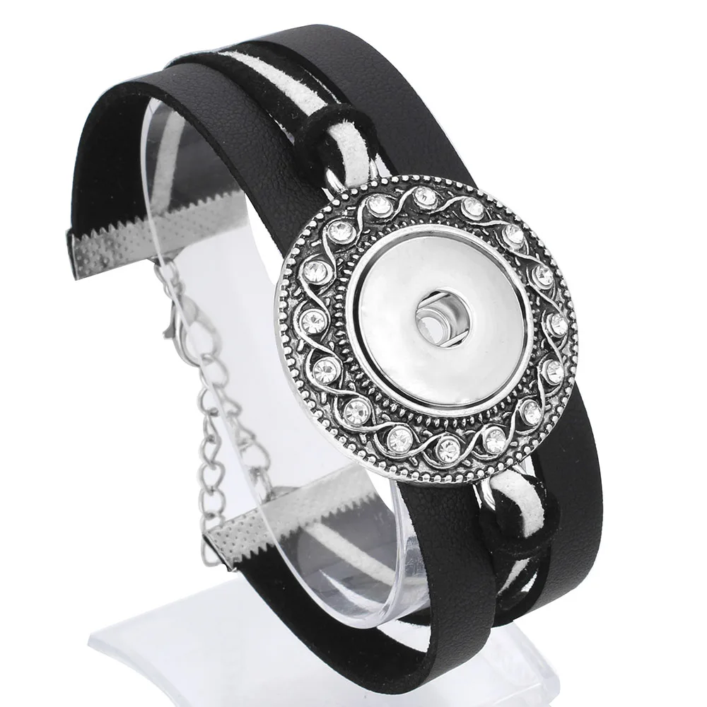 

New Black Leather Snap Button Bracelet Handmade Rhinestone Leather Bracelet Adjustable Bracelets Fit 18mm Snap Button Jewelry