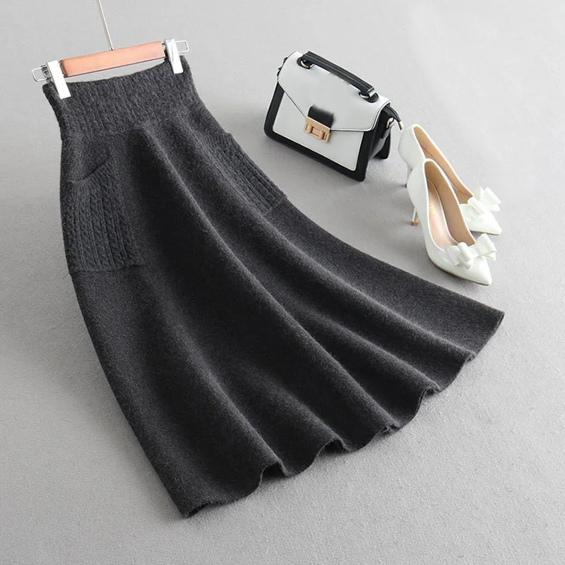 Winter Thick Wool Knitting Long Skirts With Pocket OG0693