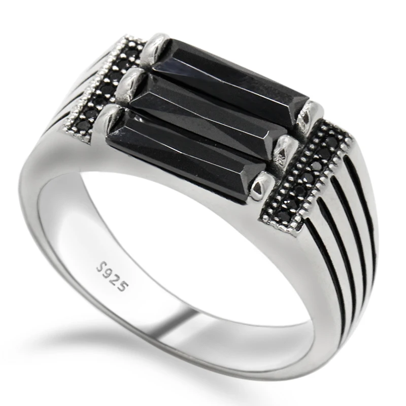 

Male Ring 925 Sterling Silver Men Ring Parallel Zebra Lines Black Zircon Band Punk Style Ring for Men Party Jewelry