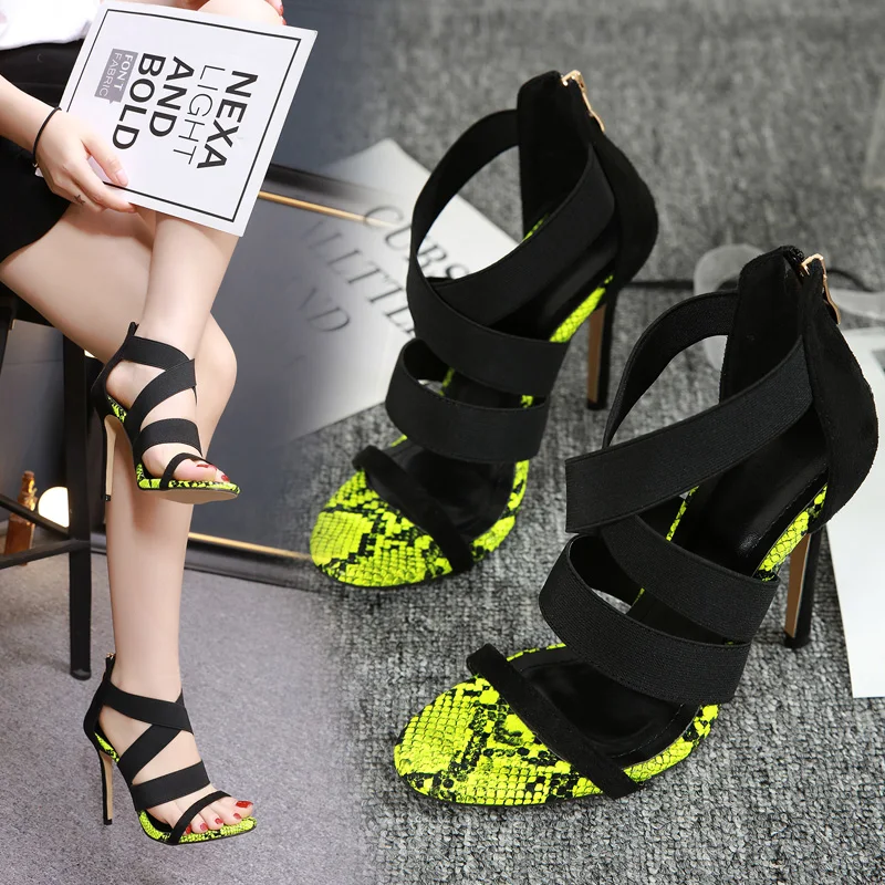 

2019 New Summer Women Hollow Sandals Thin 12 cm High Heels Open-toe Zipper Female Pumps Prom Dress Snakeskin Dancing Lady Shoes