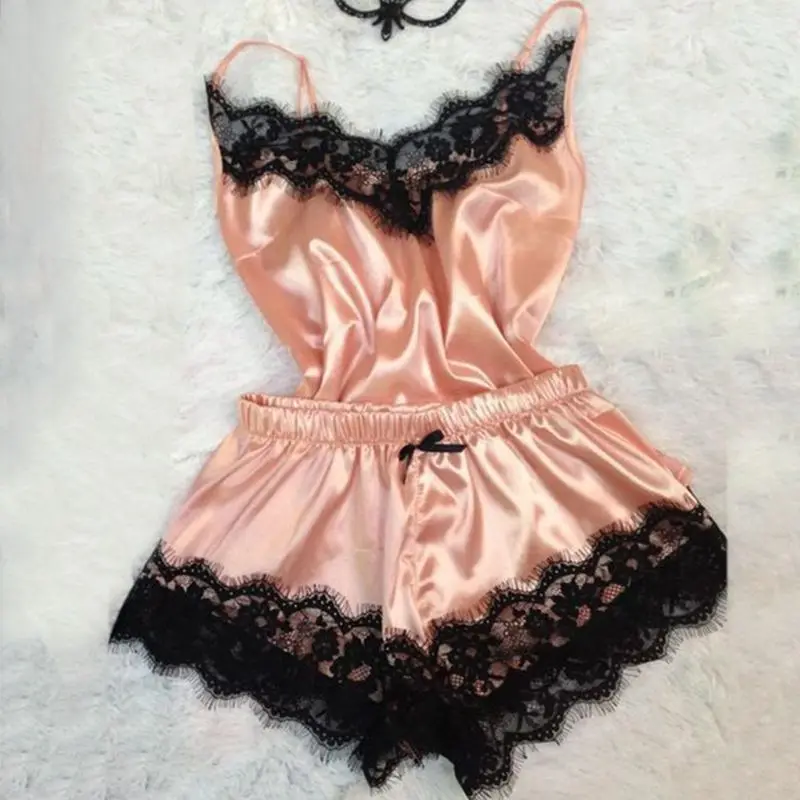 

Womens Sexy Imitated Faux Silk Pajamas V-Neck Solid Color Camisole Sleepwear Eyelash Floral Lace Trim Wide Leg Shorts Nightwear