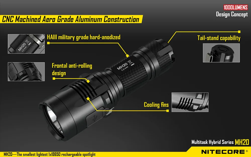 Nitecore MH20 Портативный фонарик с Nitecore Nl188 18650 3200 мАч батареи XM-L2 1000 люмен зарядка через usb Отдых на природе света