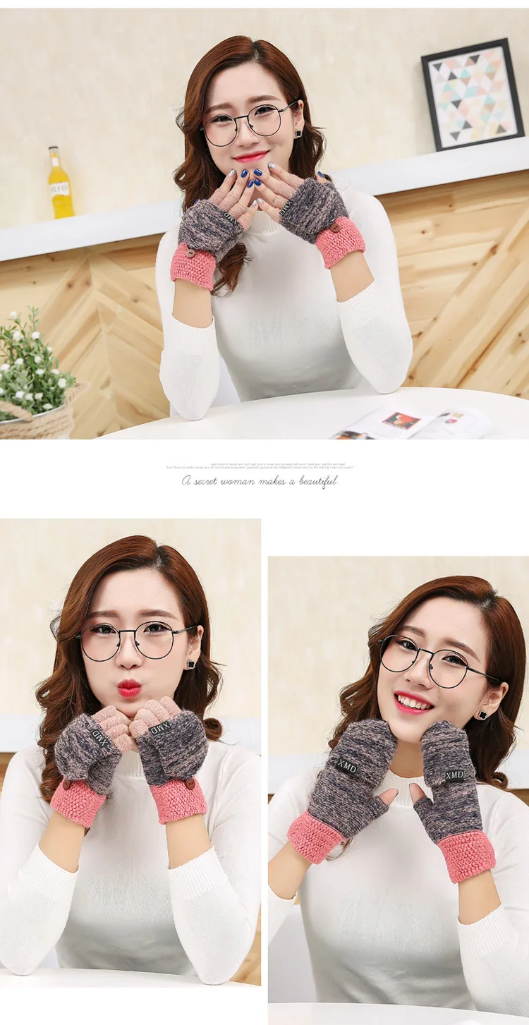 NDUCJSI корейские теплые женские перчатки Лоскутные половинчатые пальчиковые тепловые шерстяные перчатки вязаная рукавица женские