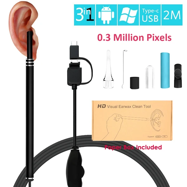 Медицинский эндоскоп для чистки ушей 3 в 1 USB HD Визуальный Инструмент для чистки ушей 5,5 мм мини-камера Android PC Ear pick Otoscope бороскоп - Цвет: 0.3MP Black