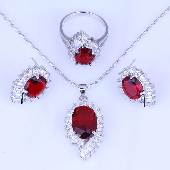 

Love Monologue Sweet Red Imitation Garnet Cubic Zirconia Silver Color Jewelry Sets for Women Rings Size 6 7 8 9 10 H0259
