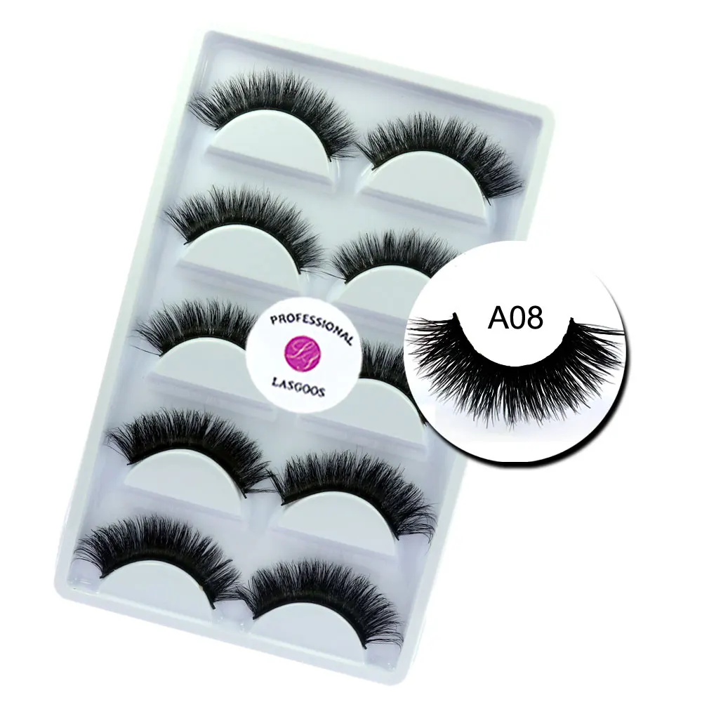 

LASGOOS 5 Pairs/Lot 100% Mink Siberian 3D Messy Thick C Curved 10mm False Eyelashes Fake Strips Eye Lashes Big Eye Makeup A08
