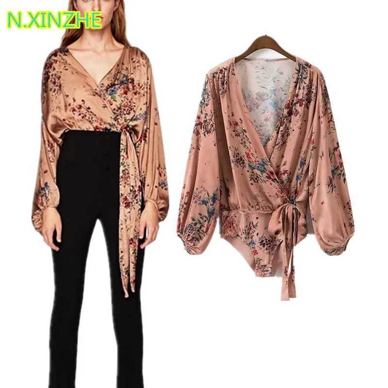 

2018 women clothing long sleeve sexy deep V-Neck lace-up print jumpsuits Rompers Female fashion high street loose bodysuits L434