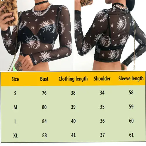 2019 Women Sexy Harajuku Mesh Tops Long Sleeve See Through T Shirt Transparent Sun Moon Star Print T-shirt Femininas Clubwear