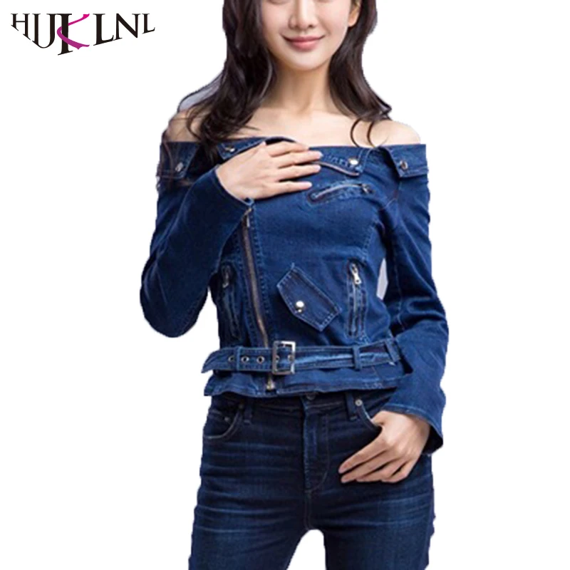 HIJKLNL Women Denim Jacket 2017 Spring Autumn Sexy Slash Neck Off