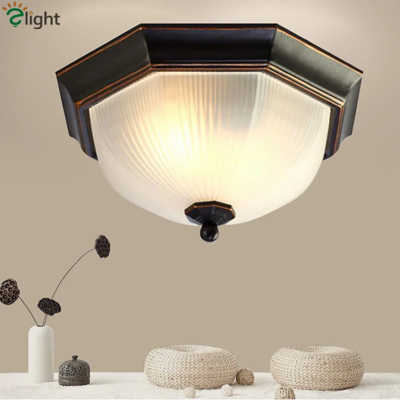 

American Vintage Painted Iron Octangle Dia32cm Ceiling Light Simple Hallway Corridor Frosted Glass Shades Led Ceiling Lamp