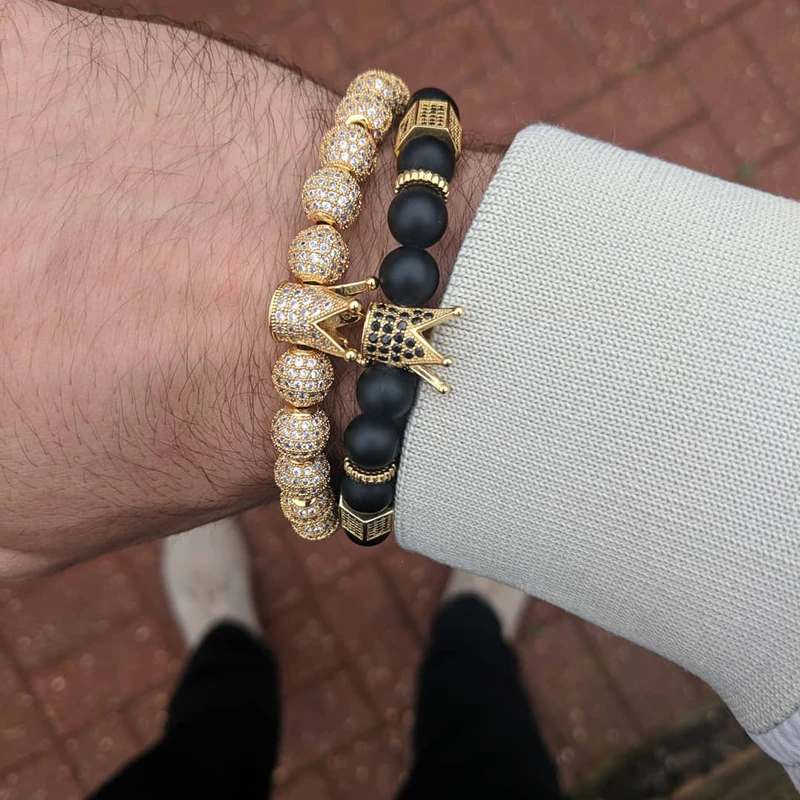 

Men's Jewelry Bracelet Charm Black Stone Bracelet Micro-inlaid Zircon Crown and Matte Beads Charm Bracelet Women Gift gift
