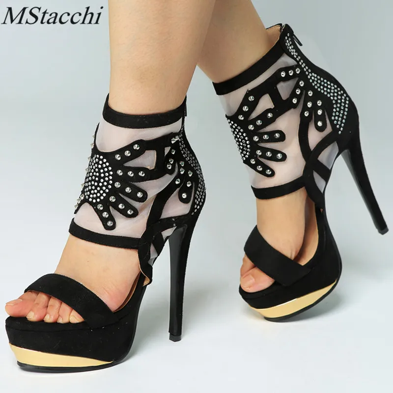 

Mstacchi New Women Platform Sandals Rivet Crystal Mesh Patchwork High Heels Sandals Peep Toe High Heel Ladies Party Shoes