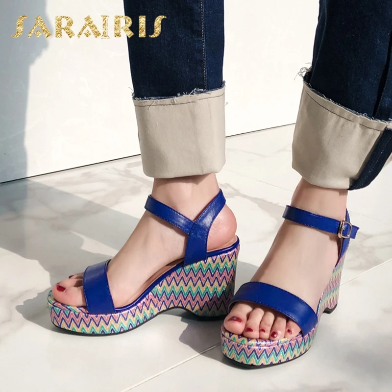 

Sarairis New Arrivals 2019 Genuine Leather Open Toe Summer Shoes Woman Sandals Female Wedge Heels Buckle Sandals Lady Shoes