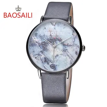 

2019 New Style BAOSAILI Colored Marble Design Slim Case High Rank Imitation Leather Strap Analog Quartz Clock Montre Femme