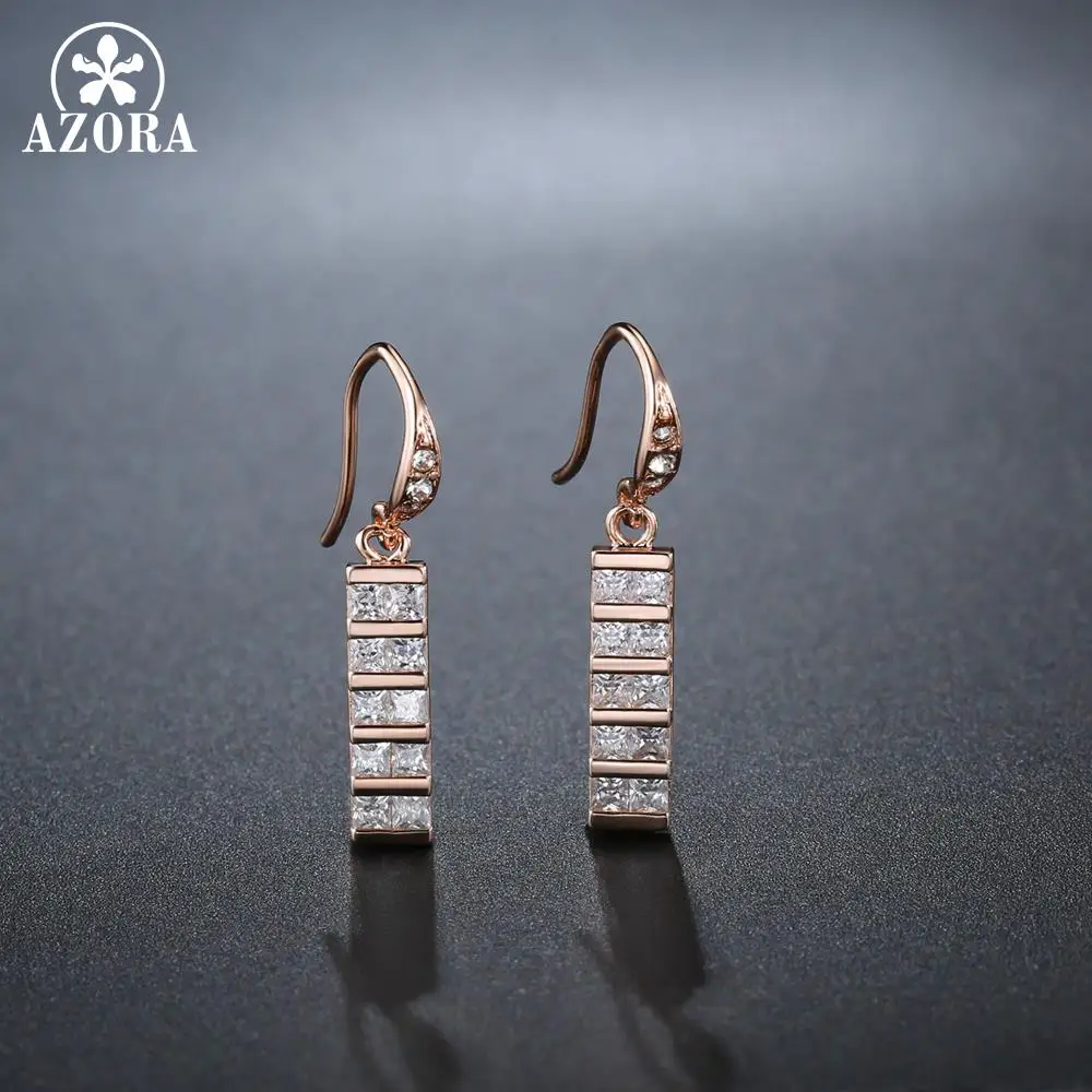 AZORA Full Paved Square Cut Clear Cubic Zirconia Rectangle Drop Earrings for Women Rose Gold Color Jewelry TE0347