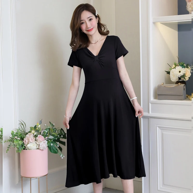 

2019 summer new modal knit pregnant women loose dress Korean fashion short sleeve V-neck pregnancy skirt