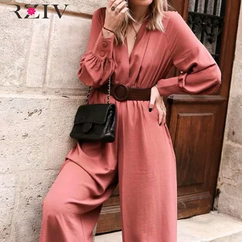 

RZIV Spring women's jumpsuit casual solid color belt decoration V-neck long-sleeved wide leg jumpsuit