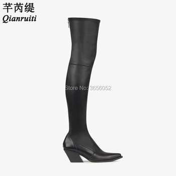 

Qianruiti Plain Black Leather Stretch Long Botas Autumn Winter Shoes Riding Boots Sexy Pointed Toe Block Heel Thigh High Boots