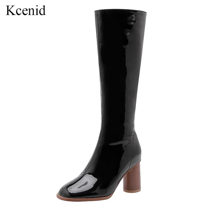 

Kcenid Patent leather fashion knee high boots women's winter boots thick high heels long boots autumn shoes woman black white
