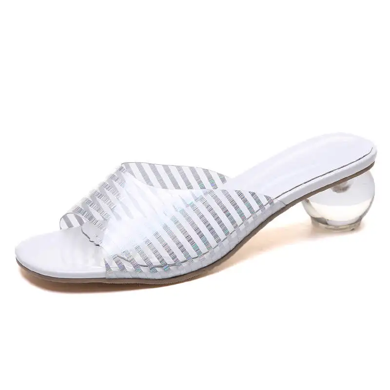 

2019 New Fashionable Summer Ladies Slippers Women's Square Toes Transparent High Heels Shoes Woman Collocation Outside Slippers