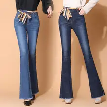 Новинка, осенние женские джинсы с высокой талией, длинные, эластичные, на пуговицах, женские джинсы, повседневные, обтягивающие, облегающие, полная длина, джинсовые брюки-клеш r277