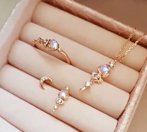 Аниме Сейлор Чиби Мун S925 ожерелье из серебряных цепей лунный камень розовое золотое ожерелье с подвеской серьги-гвоздики кольцо ювелирный набор подарок
