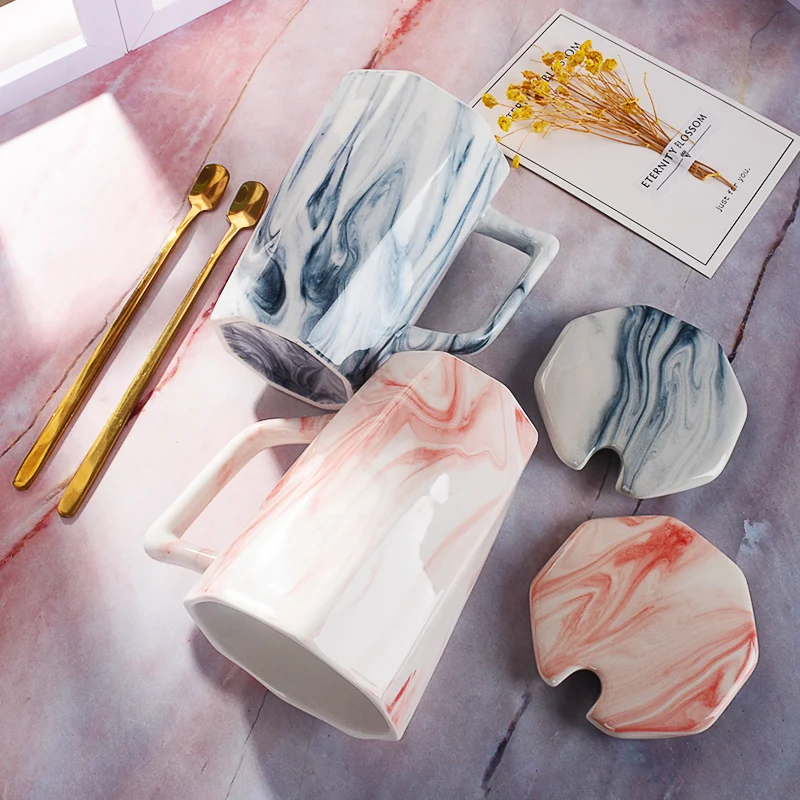 

Nordic Ceramic Mug Marbled Coffee Cup Breakfast Cup Milk Cup with Cup Lid Spoon Best Birthday Present