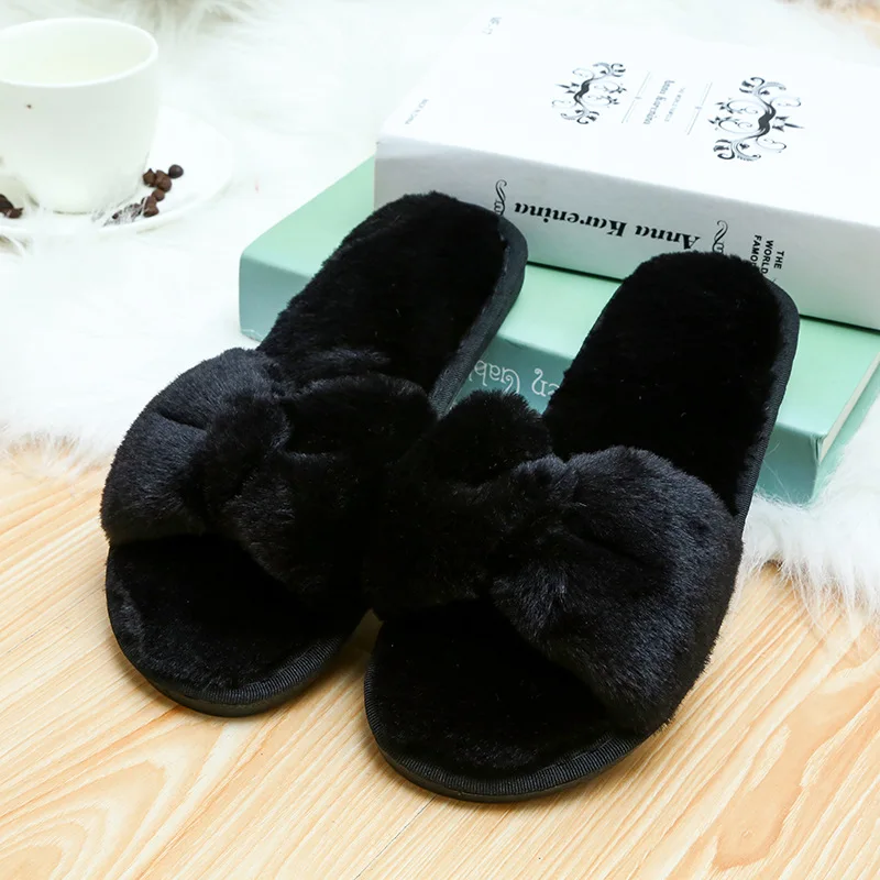 Приятная панда Для женщин Модные домашние тапочки осень-зима из искусственного меха Мягкий хлопок теплые комнатные тапочки с узлом бабочка Дамская обувь