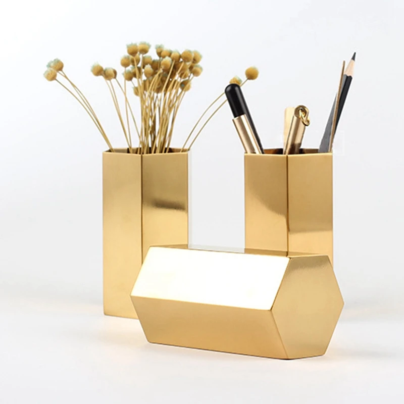 Простая Золотая ваза в скандинавском стиле с шестигранной ручкой, алмазные кисти для макияжа, корзина для хранения, украшение для домашнего хранения