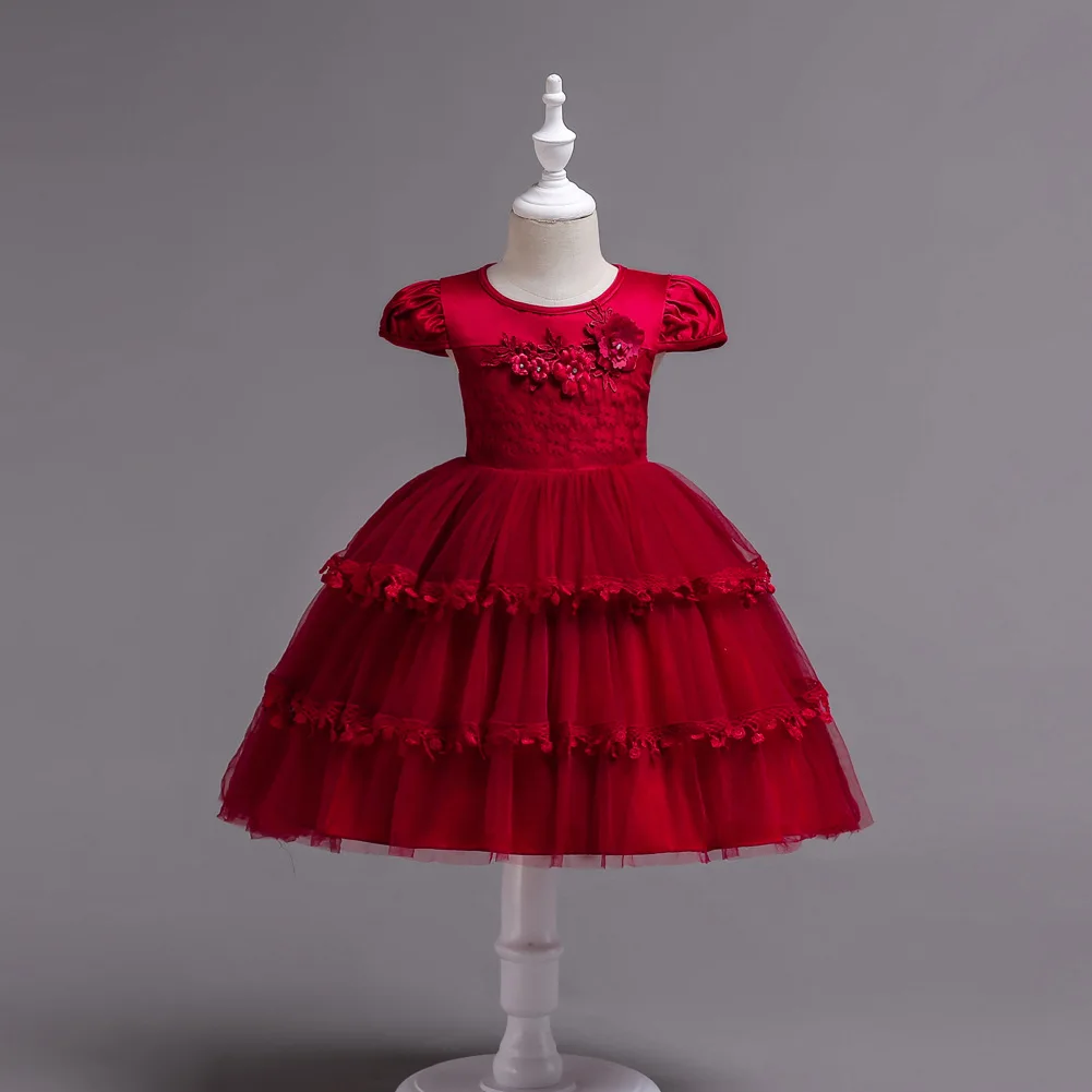 Новинка года; элегантный мятный зеленый, белый, красный; детское бальное платье; фатиновое платье с цветочной аппликацией; платье с цветочным узором для девочек; платье для свадебной вечеринки - Цвет: Красный
