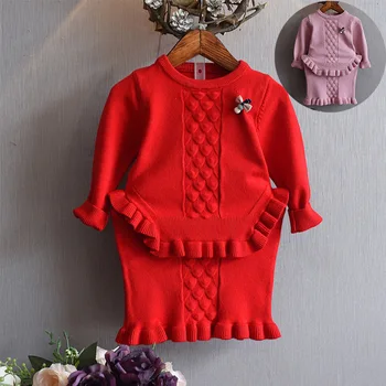 

Kids Clothes Sweet Baby Girls Dress Children Clothing Sets Knitted Sweater Skirt Suit Flower Side Toddler Costume Girl Coats
