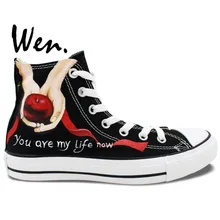 Вэнь черная ручная роспись парусиновая обувь дизайн на заказ Сумерки яблоко и красное перо высокие кроссовки рождественские подарки
