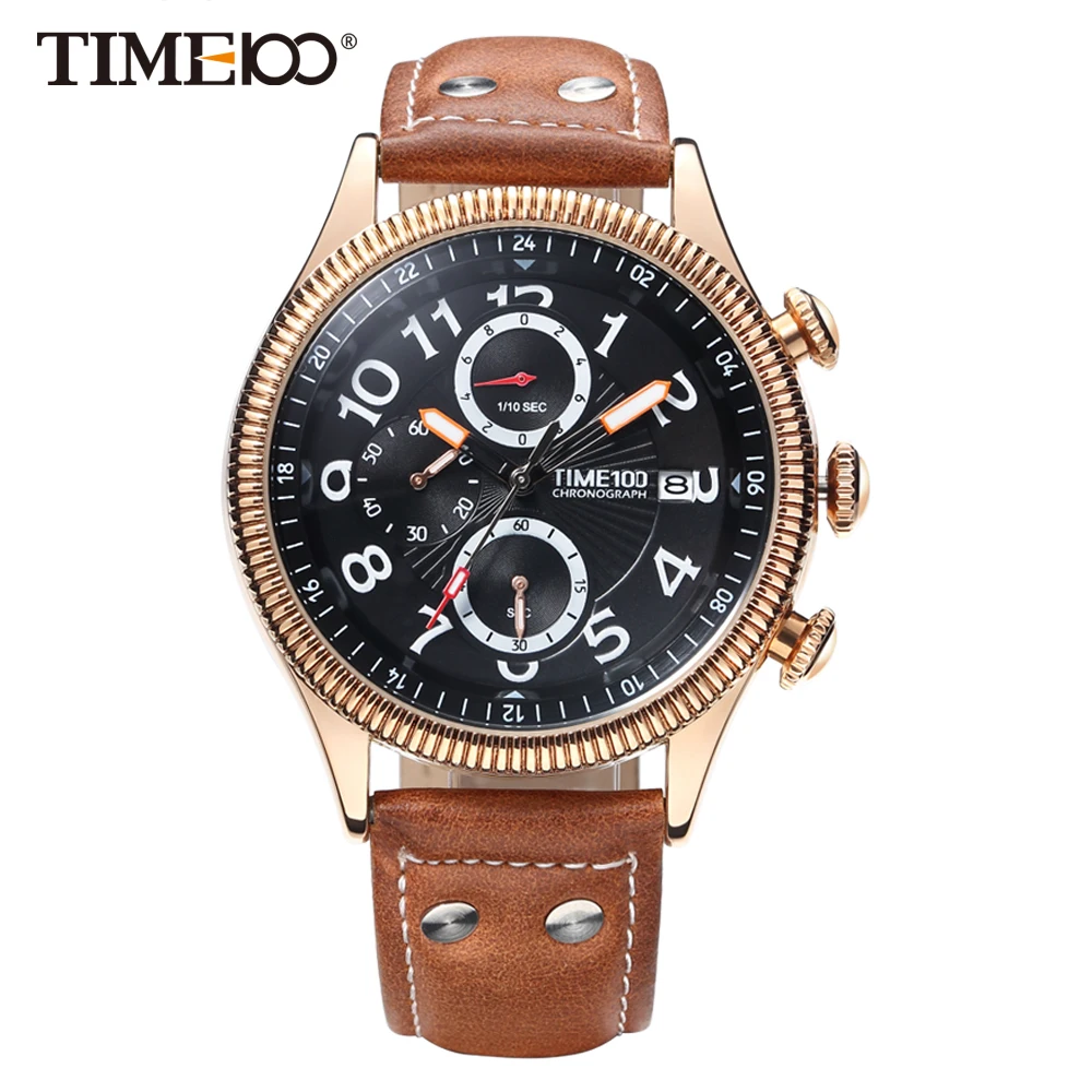 Time100 Watch Men Brown Leather Strap Quartz Watches Calendar Auto Date Business Casual Wrist Watches relogios masculino 2018 time100 women watches chronograph diamond auto date sport leather strap casual quartz wrist watches for women relojes mujer