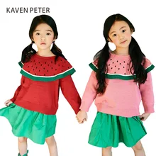 Осенне-весенний свитер детская трикотажная одежда с длинными рукавами детский свитер с отложным воротником и принтом арбуза розовый, красный, желтый